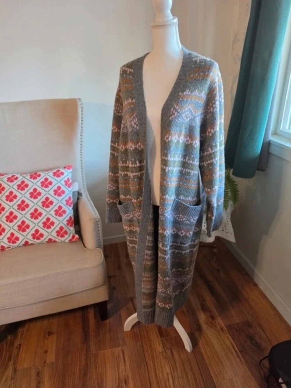Torrid Gray Long Open-Front Fair Isle Cardigan Size 3